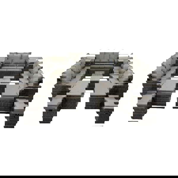 Fimous Rattan Garden Outdoor Furniture Set 3 Seater Sofa Square Coffee Table Set with 4 Stools 2 Side Table Dark Grey Mixed