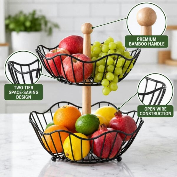 Dyzi 2 Tier Metal Wire Fruit Basket Countertop Stand Bamboo Handle Black