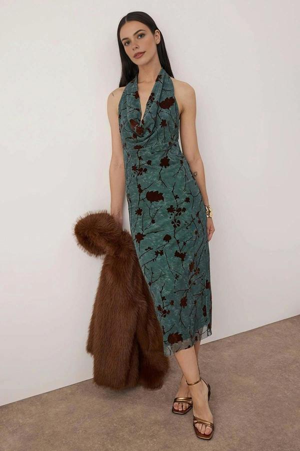 WOVCOR Floral Knit Tulle Midi Dress with Lining