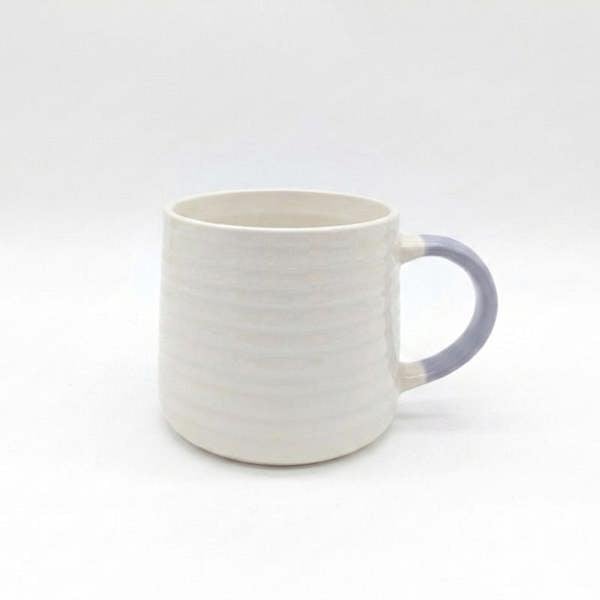 Ceramic Coffee Tea Mug 13oz Ribbing Textured Grey Painted Handle x2