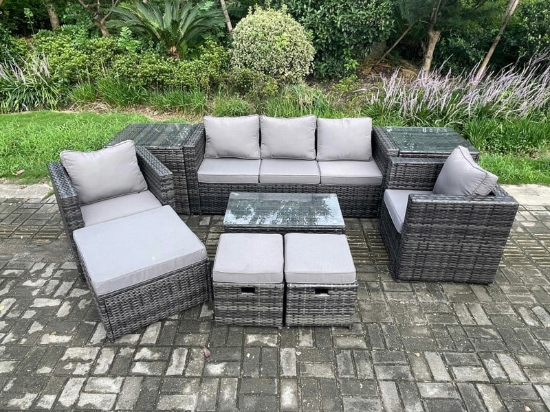 Fimous 8 Seater Rattan Garden Furniture Set Outdoor Patio Sofa Set with 2 Armchairs 2 Side Tables Oblong Table 3 Footstools Dark Grey Mixed
