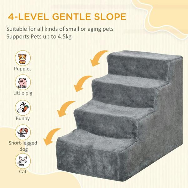 Light grey plush 4-step dog stairs with gentle slope design