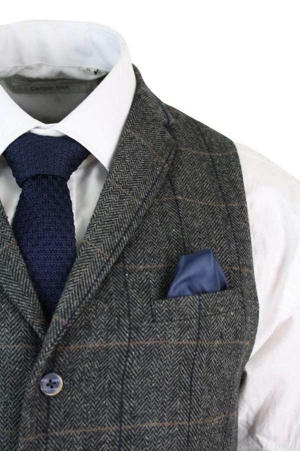 House of Cavani Mens 3 Piece Charcoal Grey Check Tweed Herringbone Vintage Classic Suit