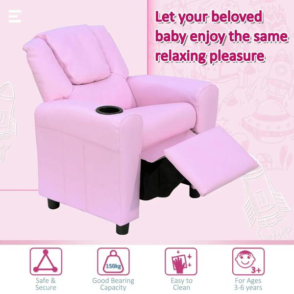 Pink kids recliner chair with padded headrest and extended footrest, cup holder