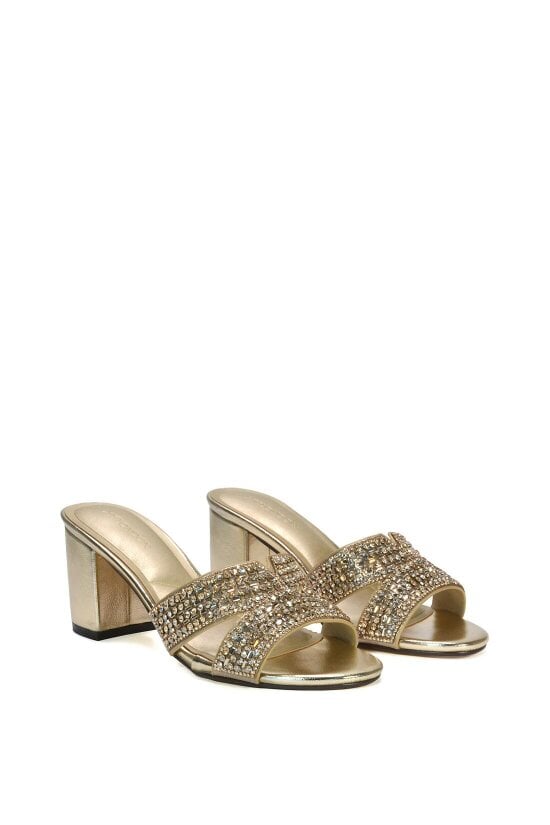 XY LONDON Sparkly Diamante Strappy Mid Block Heeled Sandal Mules