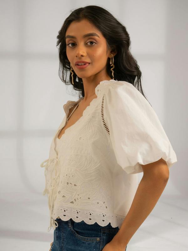Rose & Nancy Emilie Embroidered White Tie Front Top&nbsp;