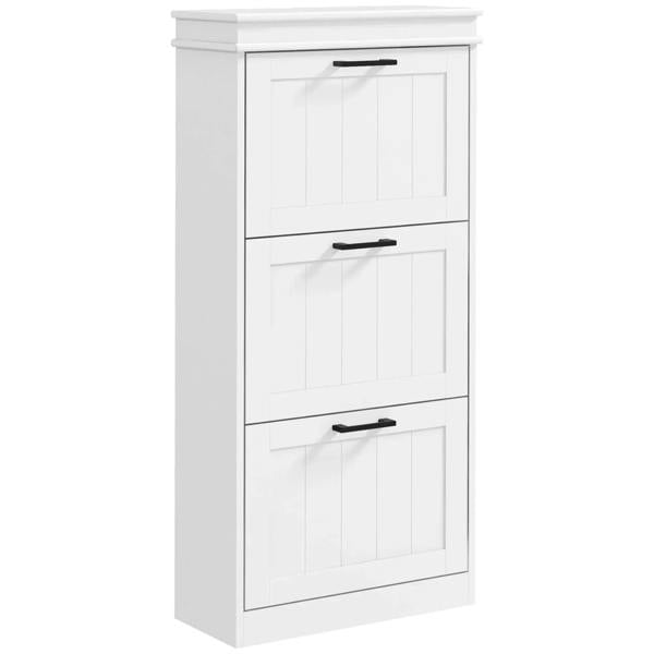 White three-drawer shoe storage cabinet with black bar handles and panel doors