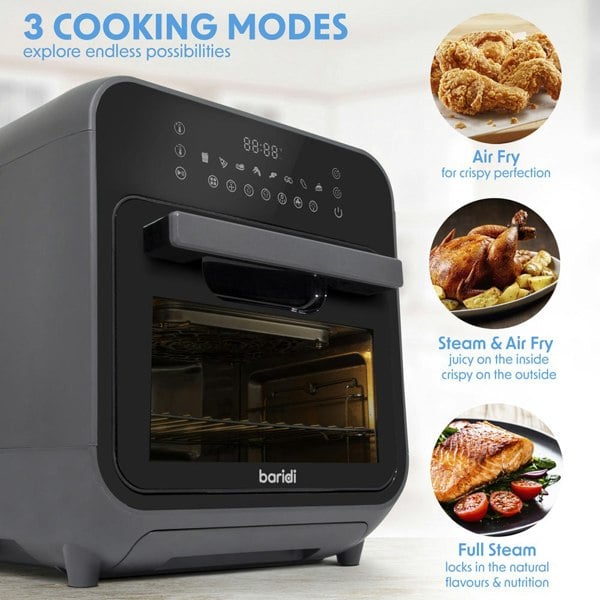 Worktop Steam Air Fryer Oven - 1635W 15L - Black Easy Clean - Dehydrate & Bake - LoopsDirect