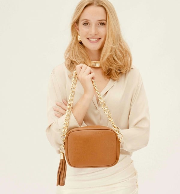 Apatchy London The Tassel Tan Leather Crossbody Bag With Gold Chain Strap