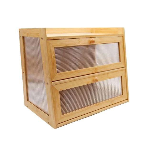 Maison des Cadeaux Large 2-Tier Bamboo Bread Bin with Fluted Windows