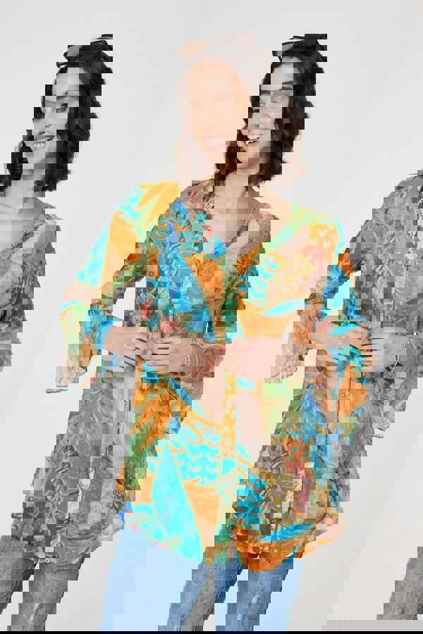 Orange | Leaf Print Button Front Blouse