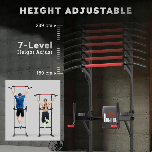 Height-adjustable power tower with multi-level pull-up bar and dip handles