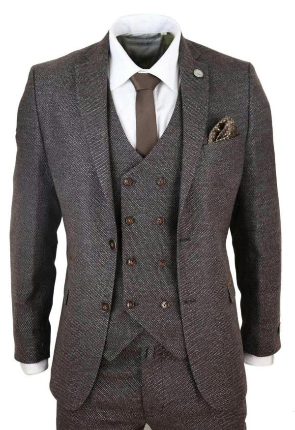 TruClothing Mens Brown Wool 3 Piece Suit Double Breasted Tweed Peaky Blinders 1920