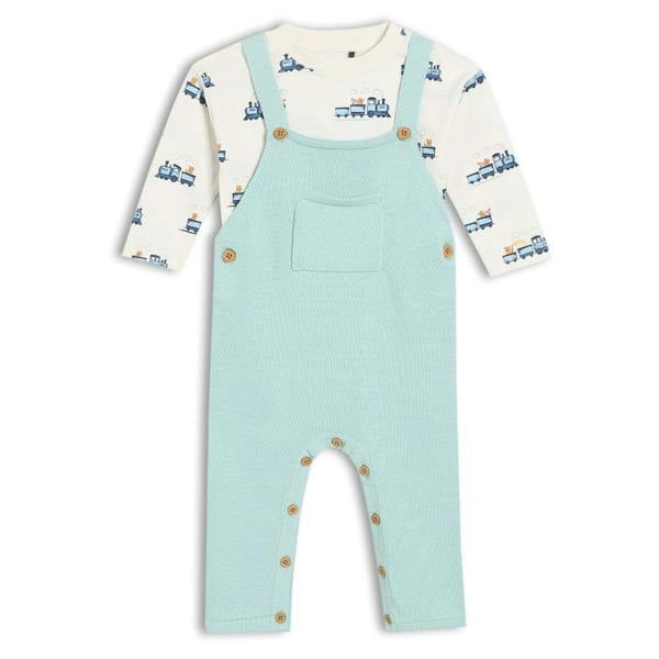 Baby Boys Knitted Dungaree 2pc Set, Turquoise Blue - Minicuddles