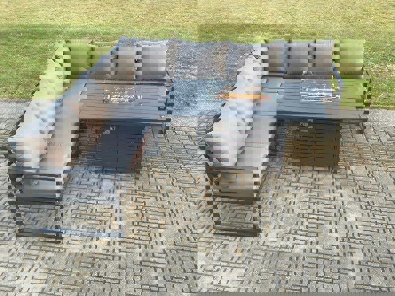 Fimous Aluminium 6 Pieces Garden Furniture Corner Sofa Set with Cushions Gas Fire Pit Dining Table Set Gas Heater Burner Dark Grey