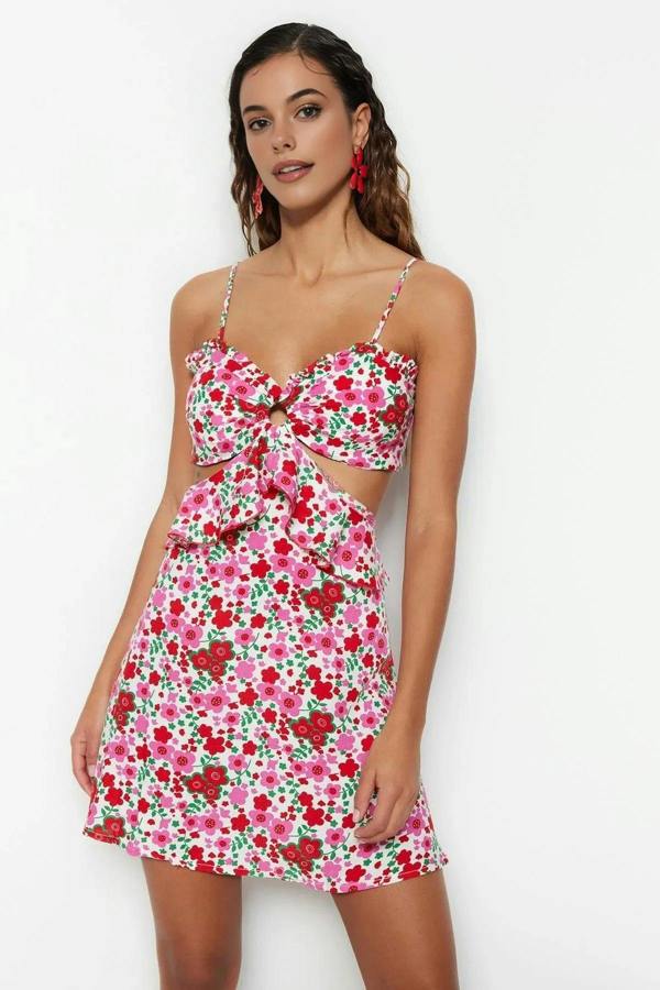 WOVCOR Floral Pattern Woven Cut-out Mini Beach Dress
