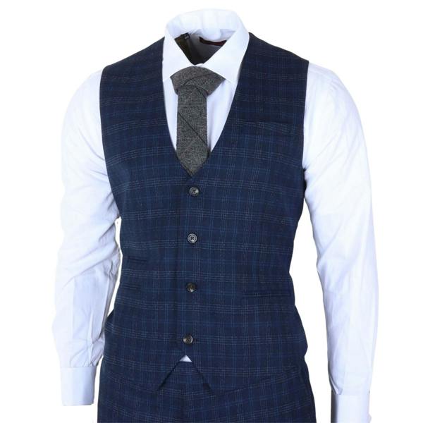 Infinity Leather Men's Navy Blue Plaid Check 3 Piece Suit Slim Fit Formal Suit