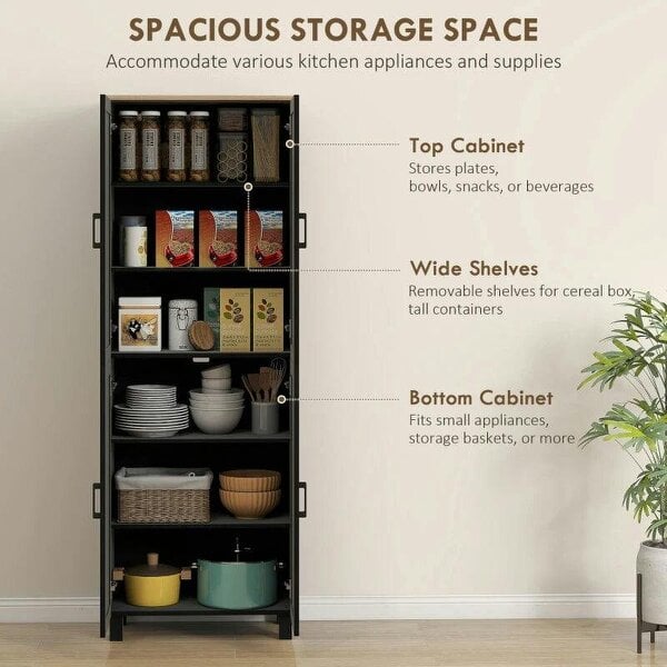 Freestanding Kitchen Cupboard, 4-Door Storage Cabinet with Adjustable Shelves, Modern Kitchen Pantry, 170cm, Black