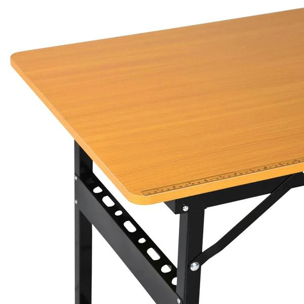 Orange MDF tabletop corner with black cross-brace and perforated support rail