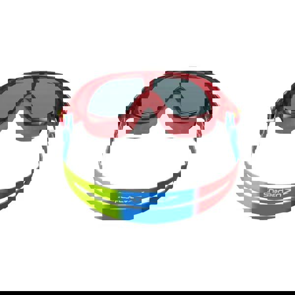 Red Speedo Junior Biofuse Rift swim mask with blue green accents clear lenses