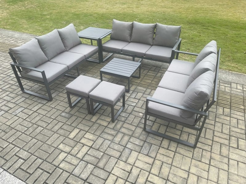 Fimous Aluminium 11 Seater Outdoor Garden Furniture Set Patio Lounge Sofa with Square Coffee Table Side Table 2 Small Footstools Dark Grey