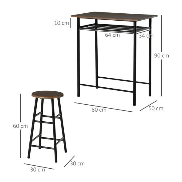 Bar table and two stools with dark wood tops; size labels show 90cm height.