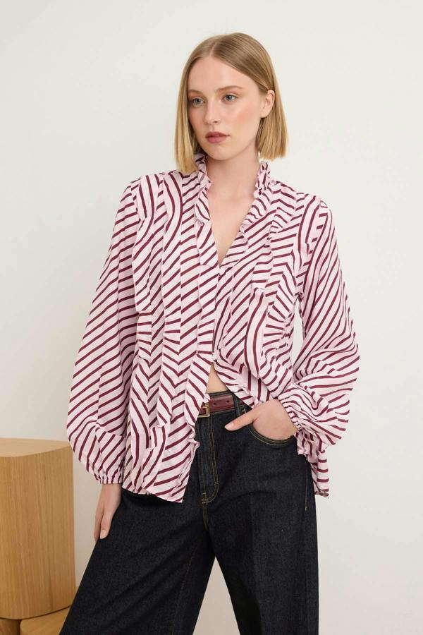 WOVCOR V Neck Long Sleeve Frill Detail Woven Shirt
