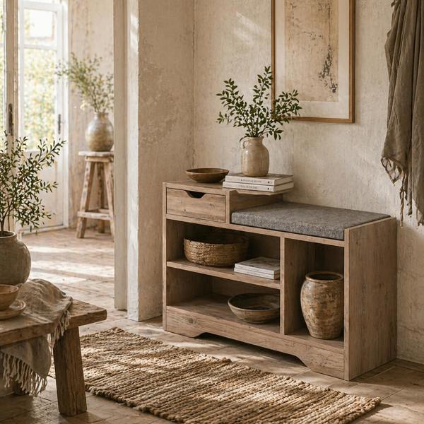 Wyld Haus Lapa Wooden Multi Compartment Shoe Bench 1 Drawer Grey Cushioned Seat