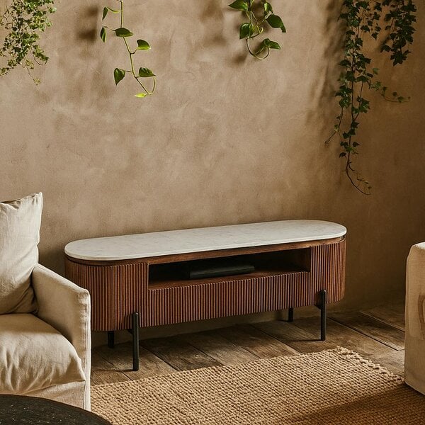 Wyld Haus Alabama Ribbed Mango Wood TV Cabinet With Marble Top and Metal Legs