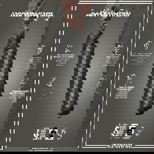 A dark gray, slim stainless steel water bottle is being held. Features include a hide-away handle, hygiene cover, and wide mouth. Awards from 2024 and 2021 are shown.