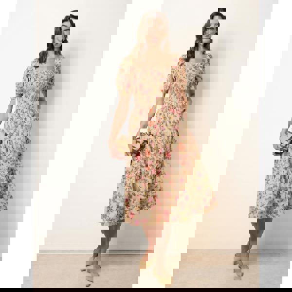 Blue Vanilla Milkmaid Floral Puff Sleeve Shirred Midi Dress