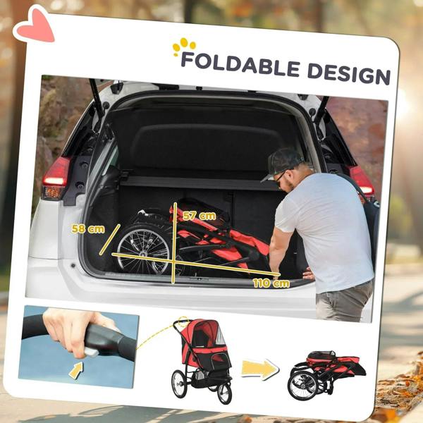Folded red and black pet stroller in car trunk with mesh canopy visible