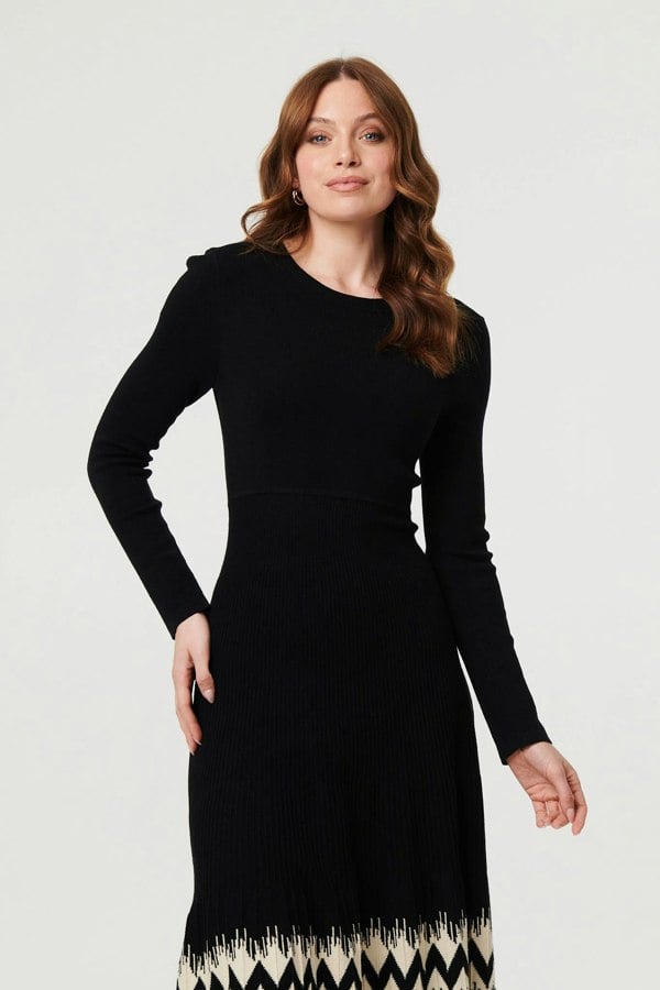 Black | Border Print Knee Length Knit Dress
