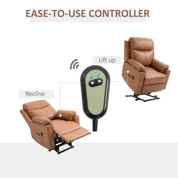 Brown faux leather electric riser recliner chair with remote control and recline controls