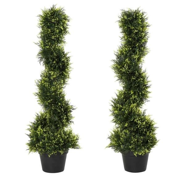 Pair of green spiral artificial topiary trees in black nursery pots