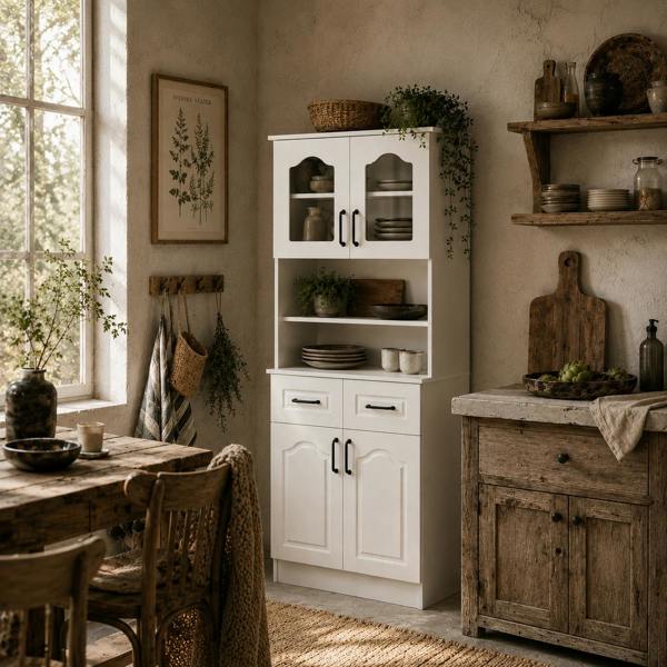 Wyld Haus Reluta Tafa Wooden White Tall Kitchen Cupboard With Adjustable Shelves Drawers And OFauxn Counter 168 cm