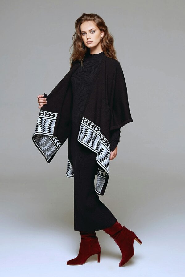 Ivana knitted merino wool cape with geometric border