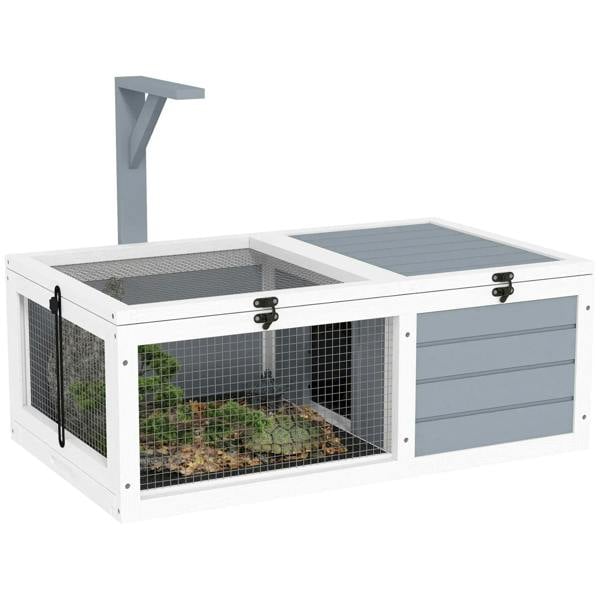 Light grey wooden tortoise enclosure with mesh sides and hinged doors