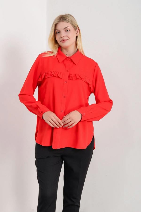 Hoxton Gal Oversized Frill Detailed Long Sleeves Blouse Shirt in Red