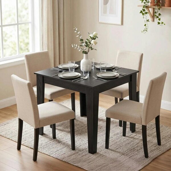 Dining Table for 4, 80L x 80W x 75Hcm, Modern Square Kitchen Table with Wood Effect Tabletop, Black Wood Effect
