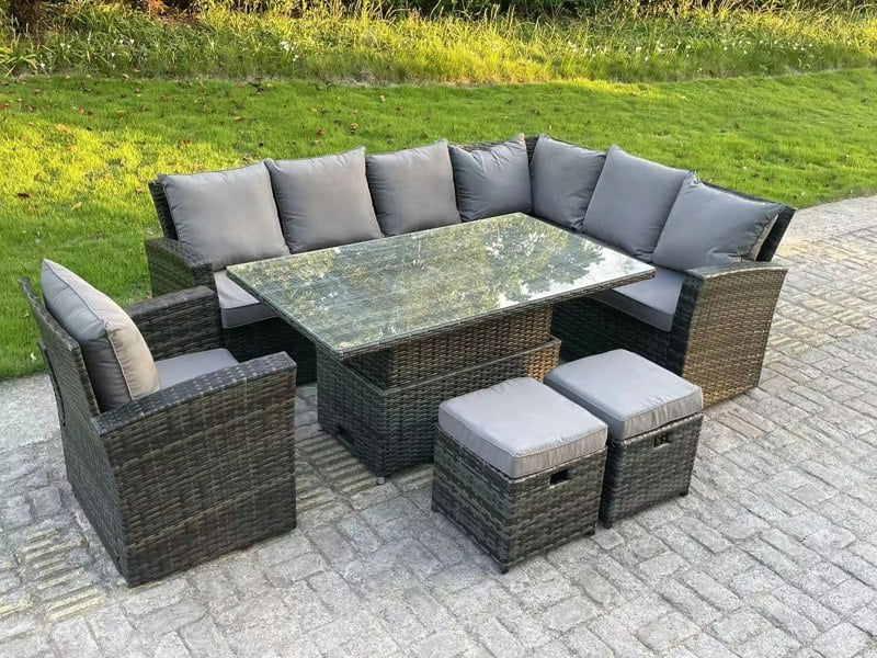 Fimous 9-Seater Rattan Corner Sofa Dining Set | High Back, Adjustable Rising Table - Dark Grey