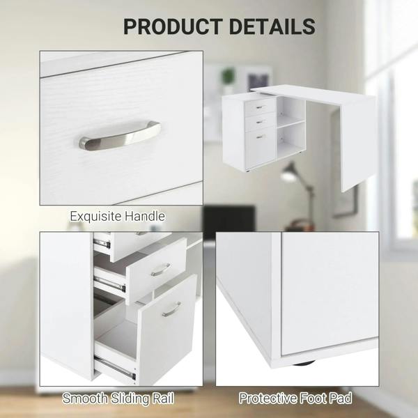 White desk detail with recessed handle drawer slides, cabinet storage, and foot pads.