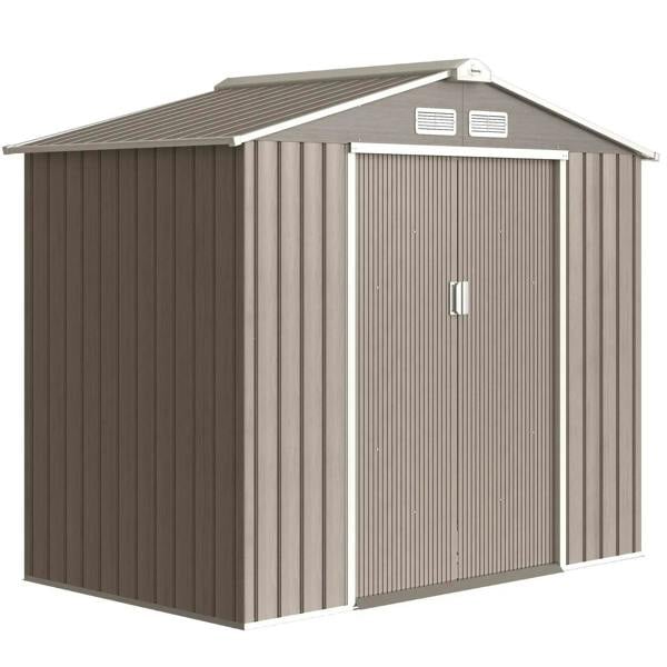 Light brown metal garden storage shed with double doors and roof vents