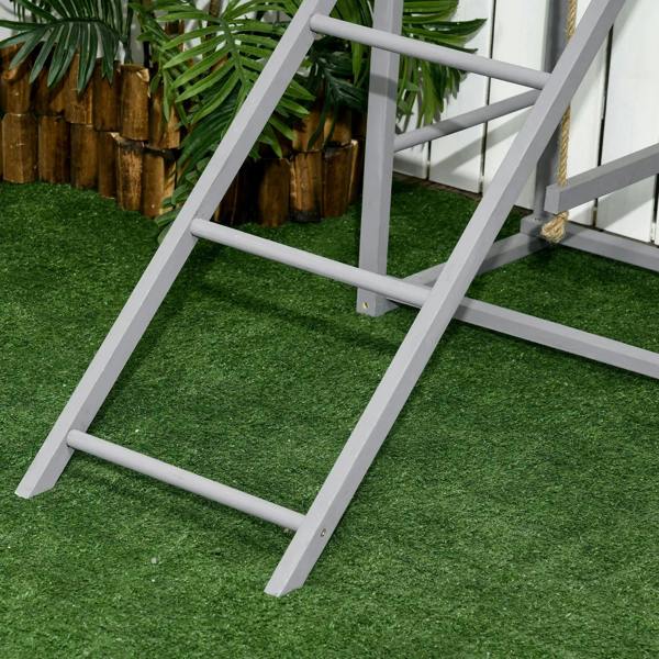 Grey ladder base and side frame for chicken activity play center, close-up