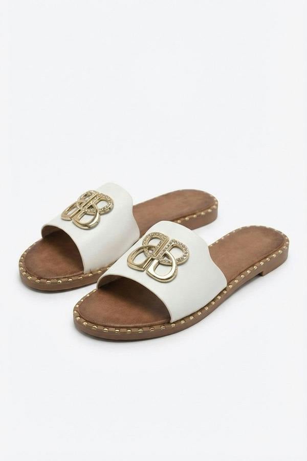Abby Sparkle Buckle Gold Studded Flat Sandals - White_wb