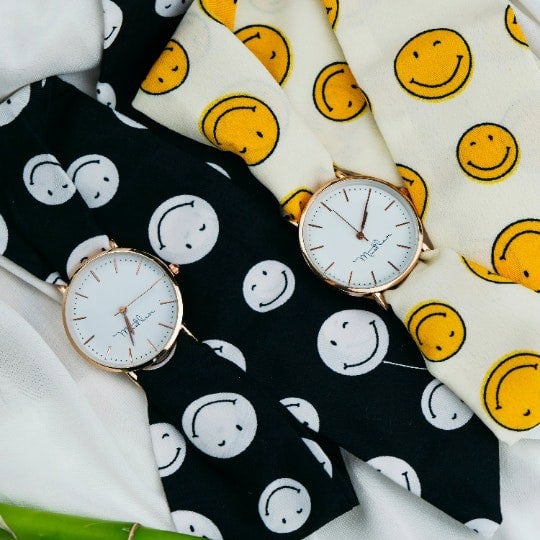 The Colourful Aura Black and Yellow Smiley Changeable Fabric Knot Tie Strap Boho Wristwatch