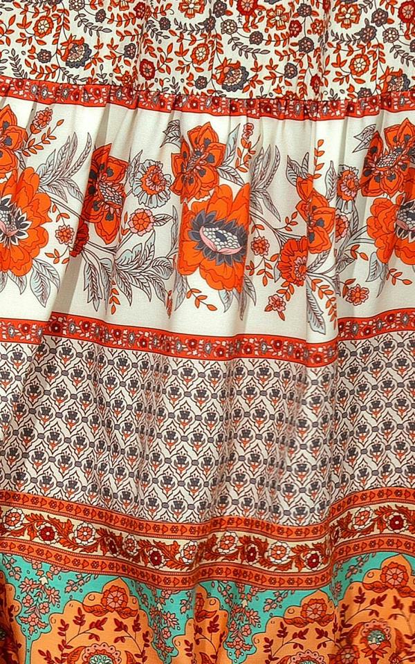 FS Collection Orange Paisley Print Smocked Tiered Midi Skirt