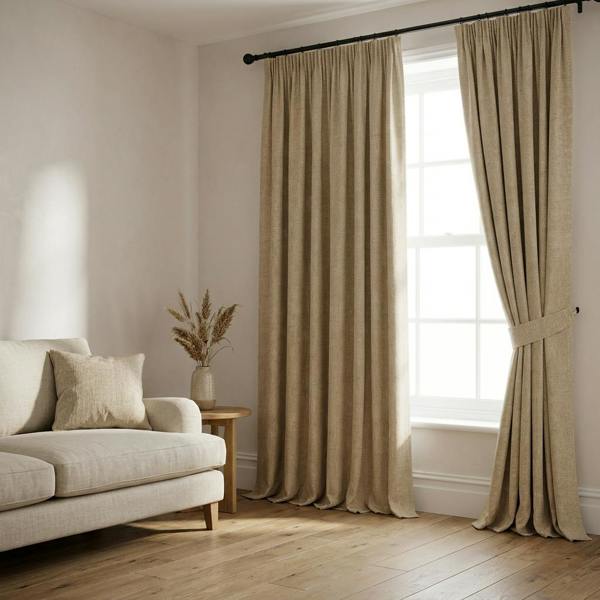Hopsack made-to-measure curtains in Linen, styled in a living room