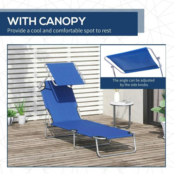 Blue sun lounger with canopy for shade, reclining backrest, silver metal frame