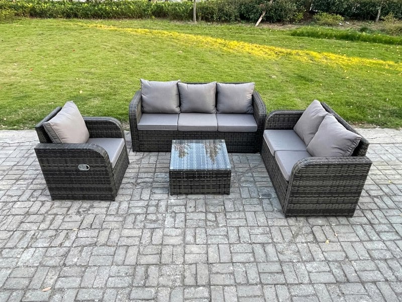 Fimous Rattan Garden Furniture 4 Piece Patio Set With Table Sofa Square Coffee Table Reclining Chair Loveseat sofa